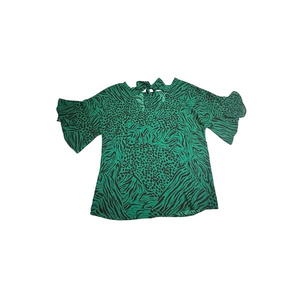 Cabi Green Animal Print Flutter Sleeve Blouse Women’s Size S (SKU 0256) - Picture 8 of 11